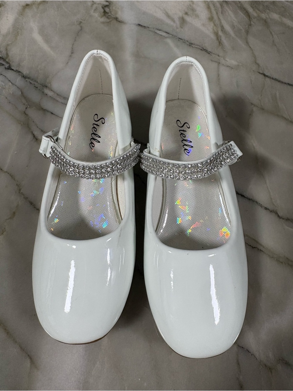 Girls' White Patent Mary Jane with rhinestone 
Strap
